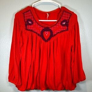 Free People Orange Embroidered Boho Top- Md